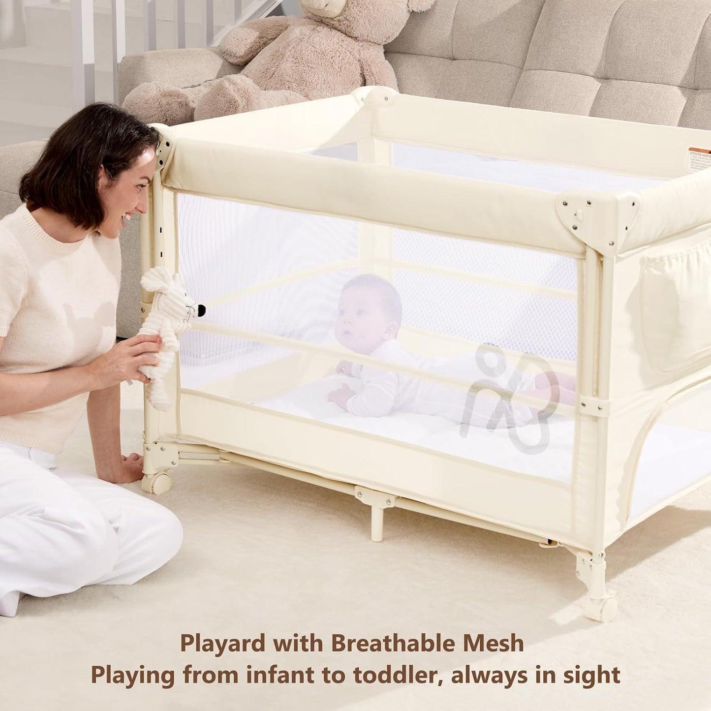 ANGELBLISS Baby Bassinet Bedside Crib, Pack and Play with Mattress, Diaper Changer, One-Push Setup Playards from Infants to Toddlers (Balck)