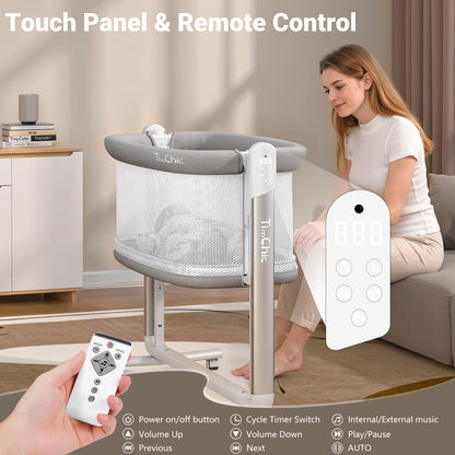 Electric Baby Bassinet, 7 Height Adjustable Rocking Bassinet for Baby, Auto Infant Sleeper with Timer, 12 Lullabies, Wheels, Smart Rocking Crib for Newborns, Beige
