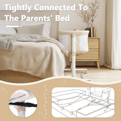 Kinder King Baby Bassinet Bedside Sleeper, Newborn Baby Bedside Crib w/Wheels, All-Sided Mesh, Adjustable Height, Removable Soft Mattress, No Tool to Assemble, Grey