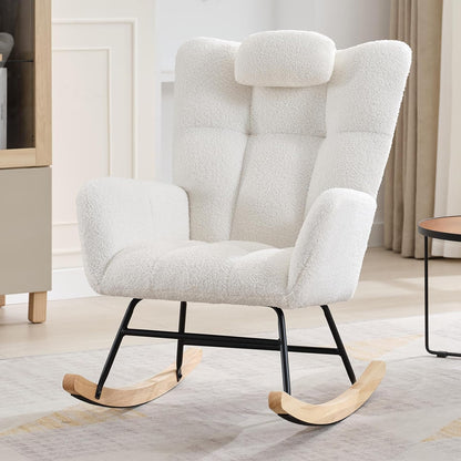 300lb Capacity Nursery Glider Rocker,Teddy Upholstered with Wood Legs for Living Room,Bedroom Nursery Includes Side Pockets