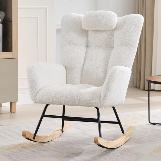 300lb Capacity Nursery Glider Rocker,Teddy Upholstered with Wood Legs for Living Room,Bedroom Nursery Includes Side Pockets