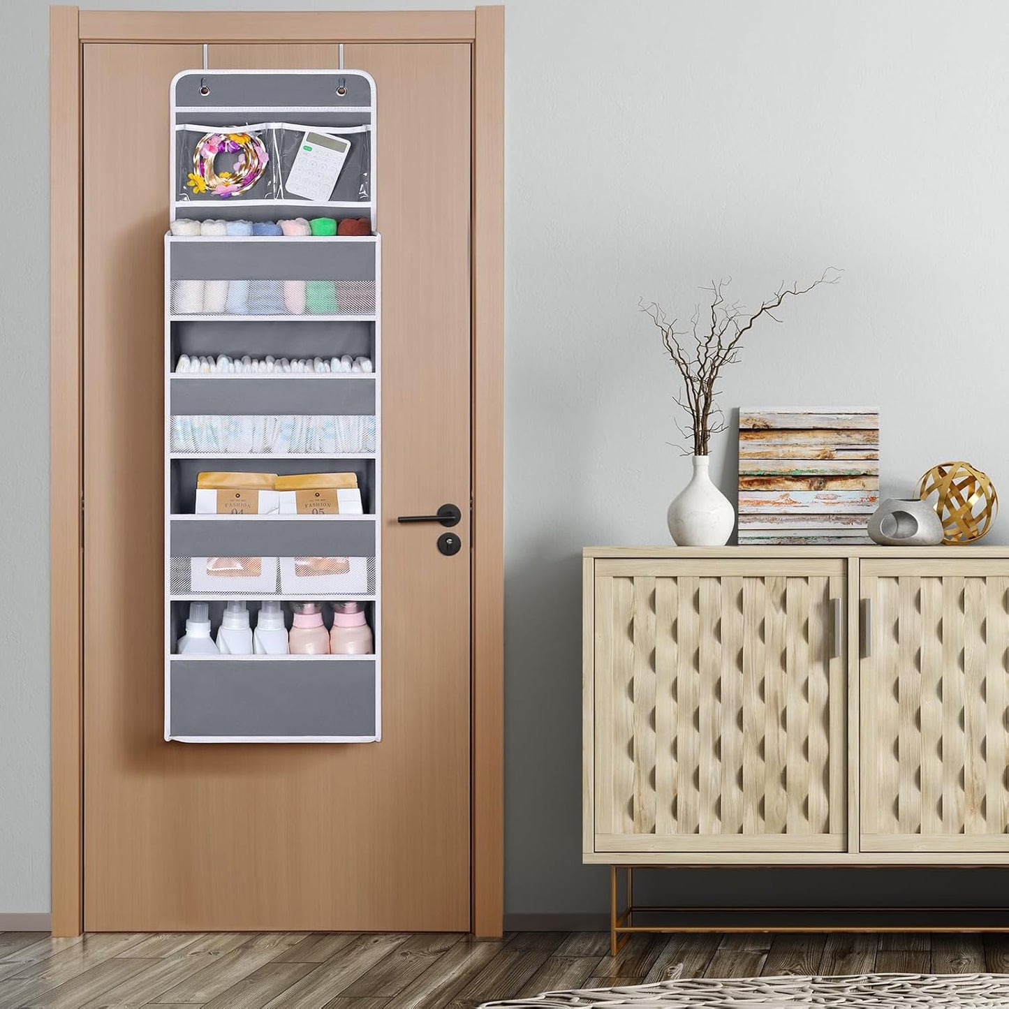 Univivi Over The Door Organizer, 5 Shelf Door Hanging Organizer Nursery Door Storage with 4 Large Compartments and 2 Small PVC Pockets 6 Side Pockets for Bathroom,Cosmetics and Nursery Baby Essential