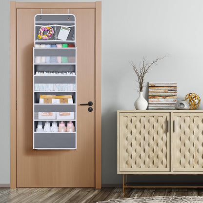 Univivi Over The Door Organizer, 5 Shelf Door Hanging Organizer Nursery Door Storage with 4 Large Compartments and 2 Small PVC Pockets 6 Side Pockets for Bathroom,Cosmetics and Nursery Baby Essential
