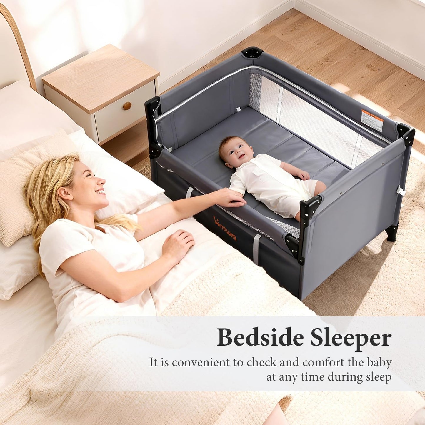 MTWML Portable Baby Bassinet,3 in1 Bedside Crib and Baby Playard & Changing Table with Wheel,1-Second Setup Foldable Playpen with Travel Bag Mosquito Net for Newborn Toddler (DeepGrey)