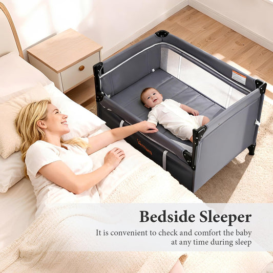 MTWML Portable Baby Bassinet,3 in1 Bedside Crib and Baby Playard & Changing Table with Wheel,1-Second Setup Foldable Playpen with Travel Bag Mosquito Net for Newborn Toddler (DeepGrey)