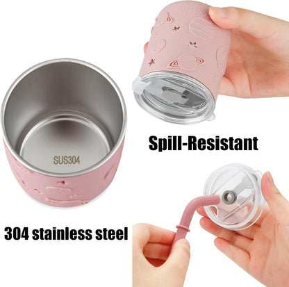 PandaEar Stainless Steel Baby Feeding Set | 2 Divided Suction Plates, 2 Spill-Proof Straw Cups with Silicone Sleeves, 2 Forks & 2 Spoons | Toddler Utensils for Baby Led Weaning, BPA-Free (Pink)