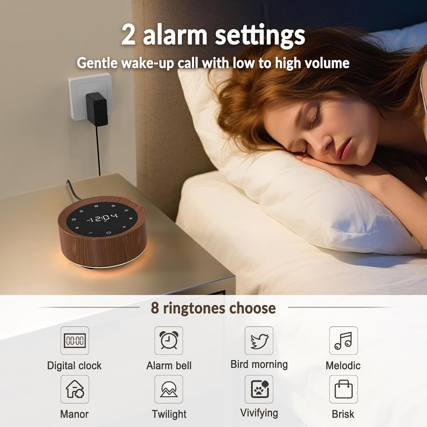 White Noise Machine with Alarm Clock & Night Light for Babies and Adults, 20 Soothing Sounds, Glare-Free Upward Display, Touch Control, Memory Function, 5 Sleep Timers, Black