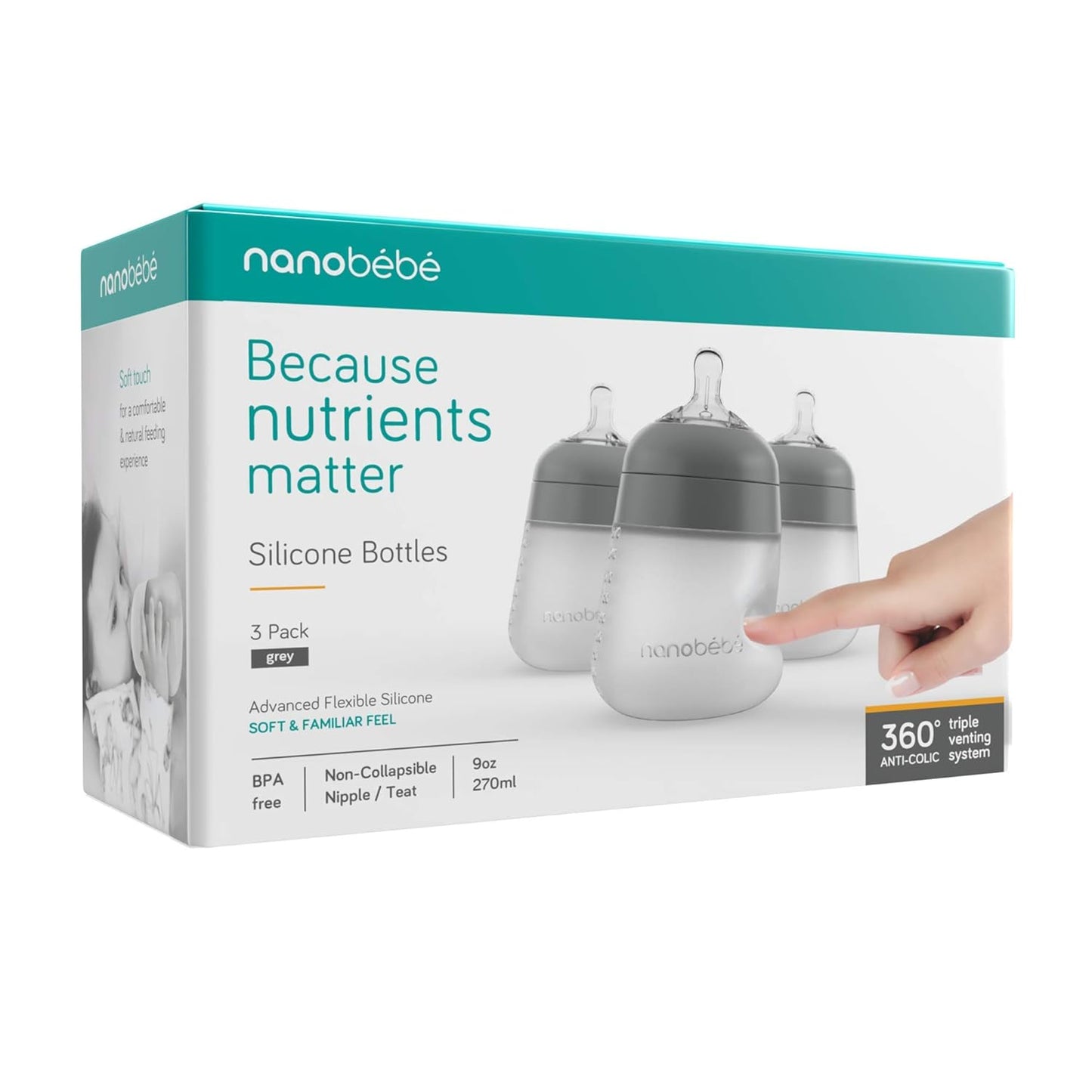 Nanobebe Flexy Silicone Baby Bottle, Anti-Colic, Natural Feel, Non-Collapsing Nipple, Non-Tip Stable Base, Easy to Clean 4-Pack, Pink/White, 5 oz
