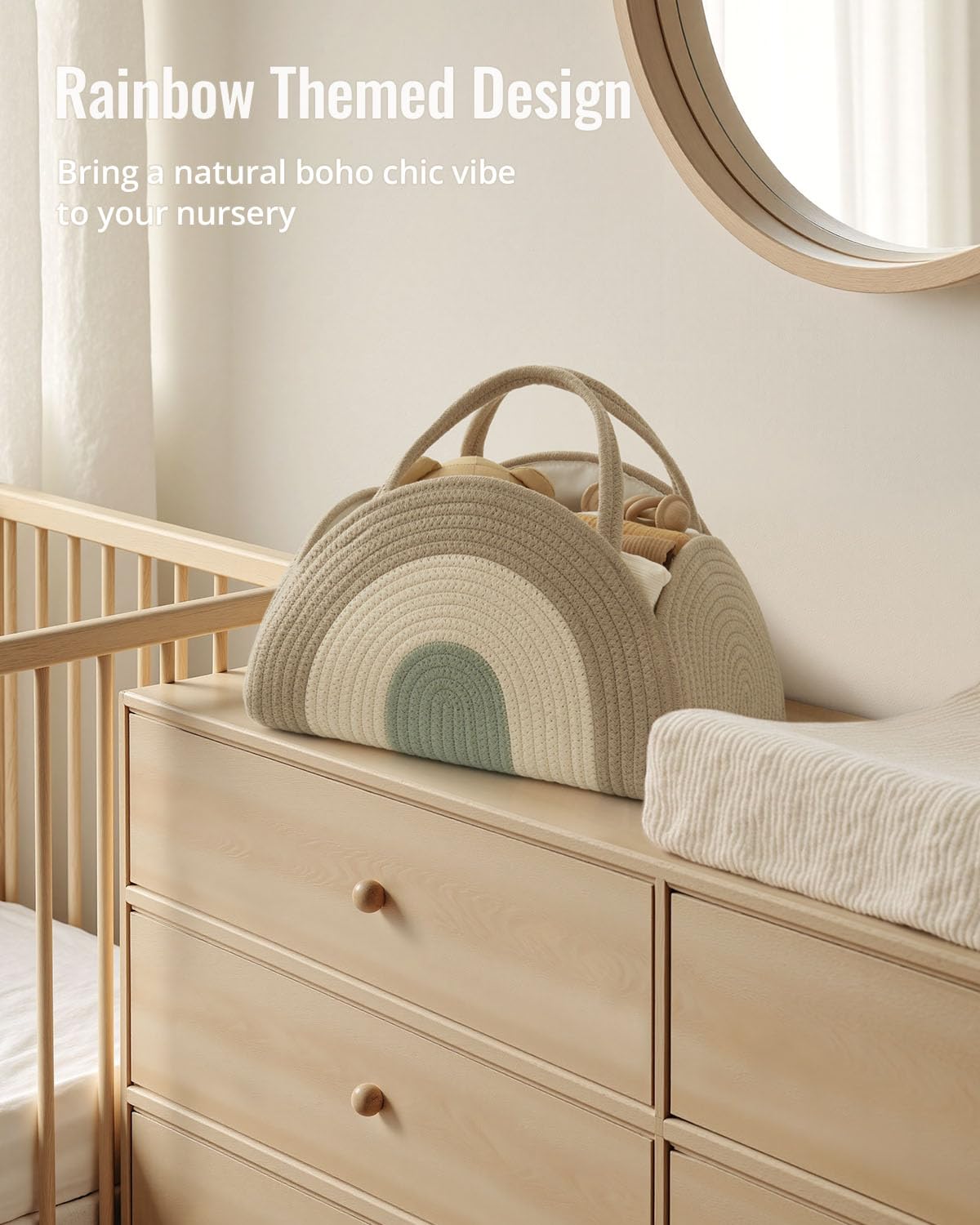 Blissful Diary Baby Diaper Caddy Organizer, Cotton Rope Diaper Caddy Basket, Large Storage Basket for Newborn Boys and Girls, Gift for Baby Shower List, Newborn Essentials, Earthy Rainbow