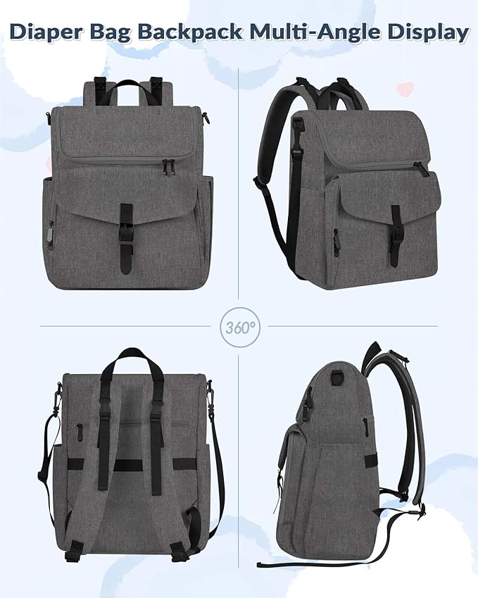 Baby Diaper Bag Backpack, 15 Pockets Newborn Baby Essential Travel bag, Multi Function Water Resistant Tote bag, Balancing Work and Life for Mon and Dad Grey