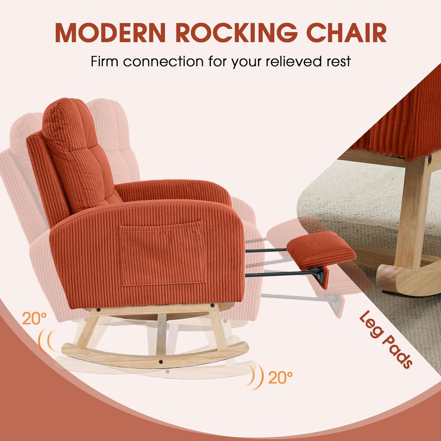 NIOIIKIT Nursery Rocking Chair, Corduroy Upholstered Rocking Chair with Adjustable Footrest, Tufted Rocker Chair with Side Pocket, Glider Rocker for Living Room, Bedroom (Cream Retro)