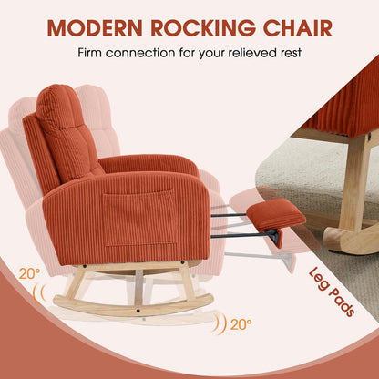 NIOIIKIT Nursery Rocking Chair, Corduroy Upholstered Rocking Chair with Adjustable Footrest, Tufted Rocker Chair with Side Pocket, Glider Rocker for Living Room, Bedroom (Cream Retro)