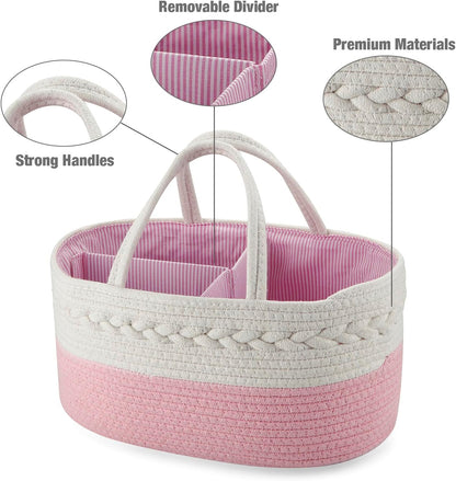 PandaEar Baby Diaper Caddy Organizer Cotton Rope Nursery Storage Basket Portable Car Organizer for Baby Shower Gifts Newborn Infants -Pink
