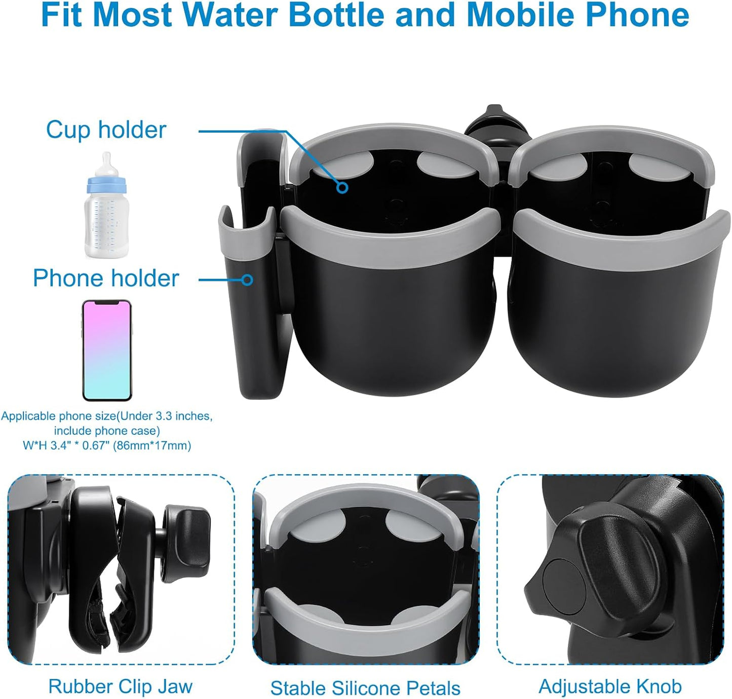 Accmor Stroller Cup Holder with Phone Holder, Bike Cup Holder, Universal Cup Holder for Uppababy Nuna Doona Strollers, 2-in-1 Cup Phone Holder for Stroller Bike Accessory