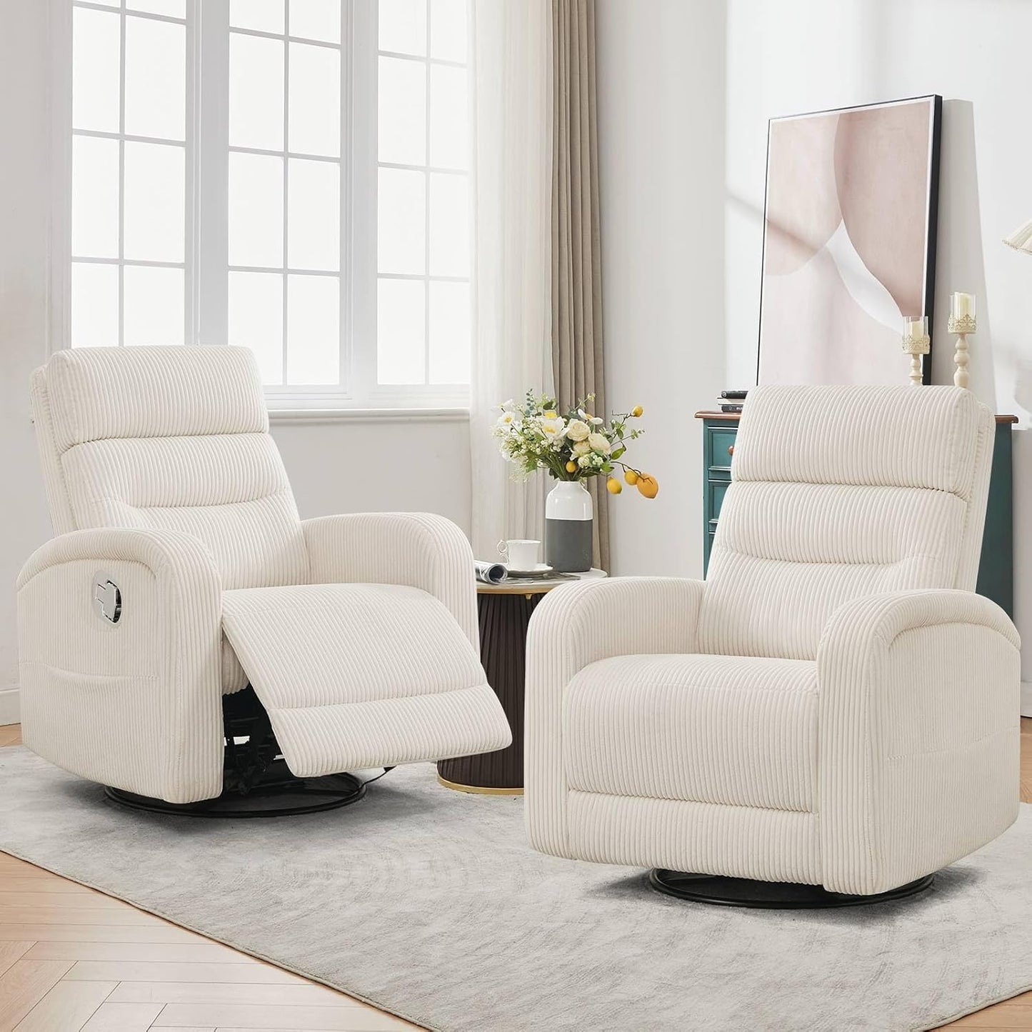 Power Swivel Rocker Recliner Chair for Nursery, Swivel Reclining Rocking Chairs, Electric Glider for Living Room, Upholstered Recliner Chairs for Bedroom, Corduroy White
