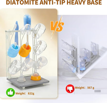 Taozun Bottle Drying Rack with 9 Hooks, Quick-Dry Diatomite Base with Stainless Steel Cup Stand, Vertical Space Saving Countertop Baby Organizer