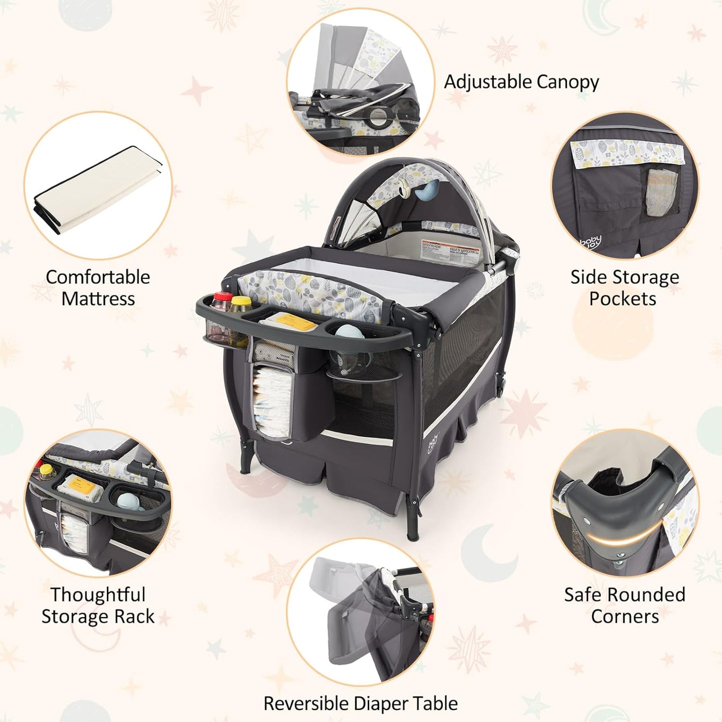 BABY JOY 4 in 1 Pack and Play, Portable Baby Playard with Bassinet & Flip-Away Changing Table, Canopy, Portable Bedside Crib with Storage Basket, Oxford Bag, Infant Bassinet from Newborn to Toddlers
