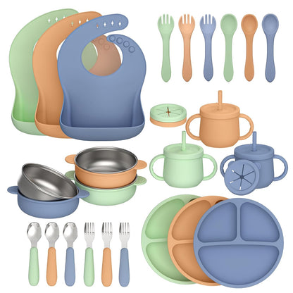 16 Pack Silicone Baby Feeding Set, BPA-Free Baby LED Weaning Supplies, Include Suction Plates, Baby Bowls, Silicone Fork & Spoon, and More, First Stage Baby Food Eating Utensils - 6+ Months(Blue, 16)