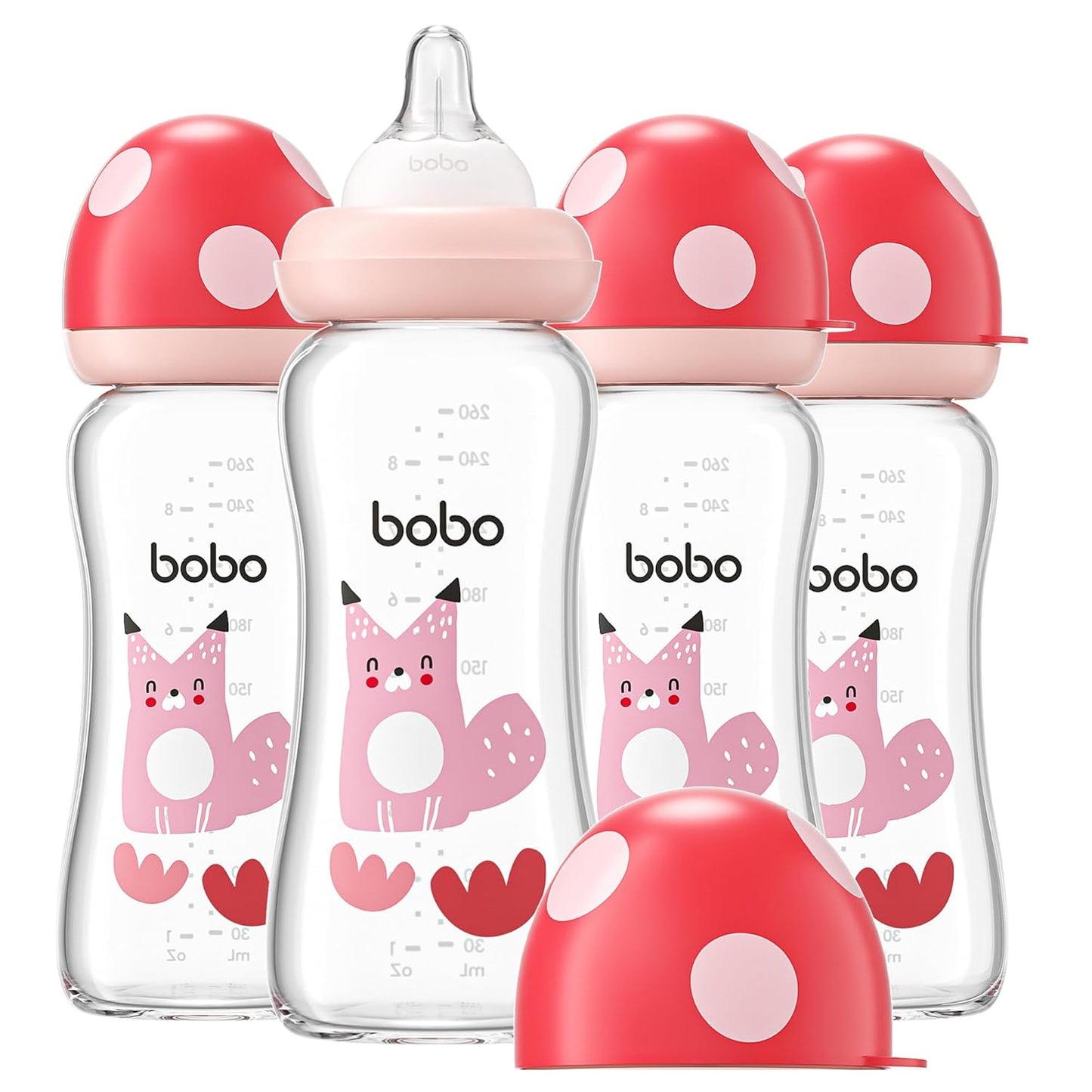YOHKOH Natural Glass Baby Bottle with Level 1 Slow Flow Nipple, Newborn Anti-Colic Baby Bottles, Wide Neck Mushroom Baby Glass Bottle (Multicolour-A, 3.4oz (Pack of 4))