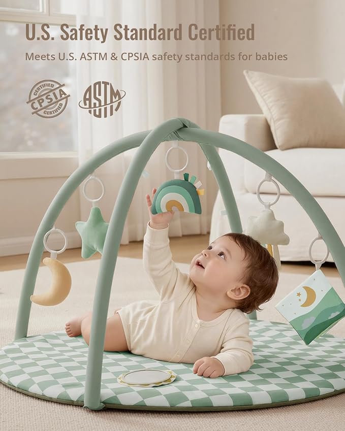 Blissful Diary Baby Play Gym Mat, Play Mat Activity Mat with 6 Detachable Toys for Stage-Based Sensory & Motor Skill Development, Easy to Install & Clean, Baby Essentials Gift, Sage Checkerboard