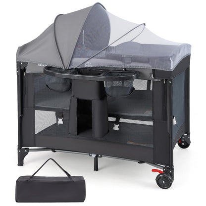 INFANS Baby Bassinet, 4 in 1 Nursery Center Pack and Play Baby Playard with Changing Table, Mosquito Net, Storage Basket, Travel Bag for Newborn 0-36 Months (Gray)