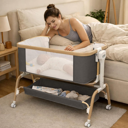 Rocking Baby Bassinet Bedside Sleeper, Detachable Portable Bassinet & Adjustable Crib with 8 Heights, Breathable Mesh, Storage Basket & Mobile Toy for Newborns to Toddlers(Oatmeal)