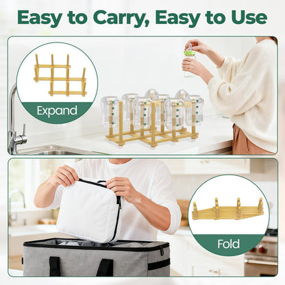 EsLuker.ly Baby Bottle Drying Rack Bamboo Vertical Dryer Holder, Space Saving for 12 Milk Glass Bottle Countertop, Wooden Drain Stand Shelf for New Parents