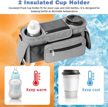 Baby Stroller Organizer, Universal Stroller Organizer with Detachable Phone Bag, Stroller Caddy with 2 Insulated Cup Holders, Buggy Organizer Bag with 2 Hooks Fits Most Strollers (Balck)