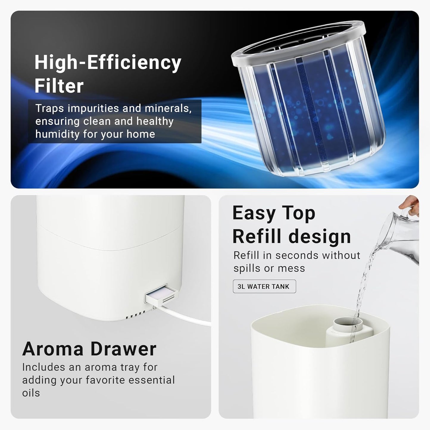 MIKO Ultrasonic Humidifiers for Bedroom Baby - Pre Filter, Wifi App controlled, Auto Mode, No Leak Design, Sleep Mode, Built-in Timer, Humidifier for Babies & Home
