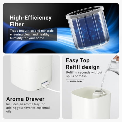 MIKO Ultrasonic Humidifiers for Bedroom Baby - Pre Filter, Wifi App controlled, Auto Mode, No Leak Design, Sleep Mode, Built-in Timer, Humidifier for Babies & Home