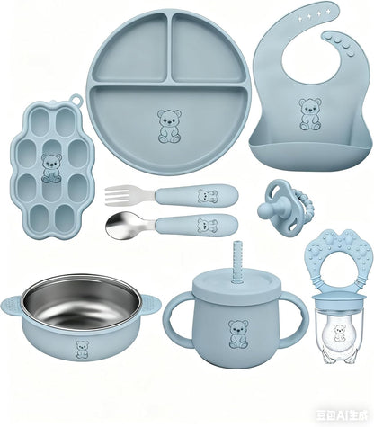 9-Piece Silicone Baby Feeding Set | Suction Bowl, Plate, Bib, Cup, Fork & Spoon | BPA-Free Food-Grade Silicone Baby Tableware | Baby-Led Weaning | Dishwasher (Pink)