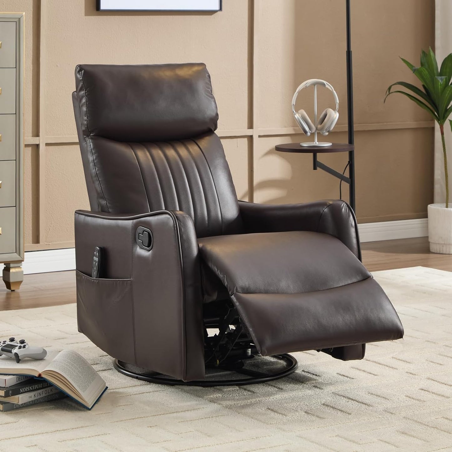 Trustyue Swivel Rocker Recliner Chair, 360° Swivel Recliner with Heat and Massage, Rocker Recliner Nursery Glider Chair with Side Pockets for Living Room (Beige, Fabric)