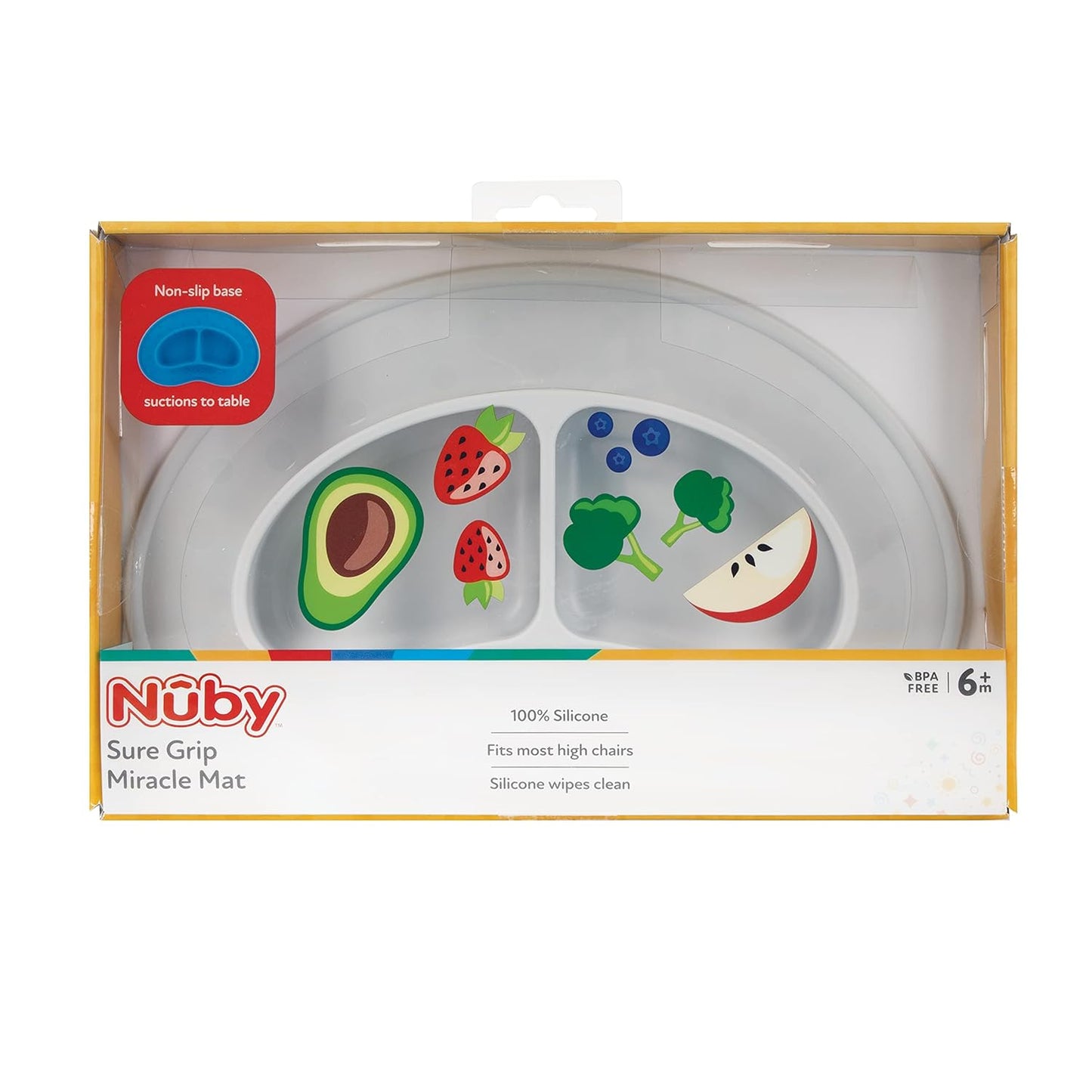 Nuby Sure Grip Miracle Mat 2-Section Plate - Toddler Suction Plate - 6+ Months - Gray