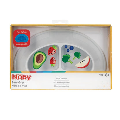 Nuby Sure Grip Miracle Mat 2-Section Plate - Toddler Suction Plate - 6+ Months - Gray
