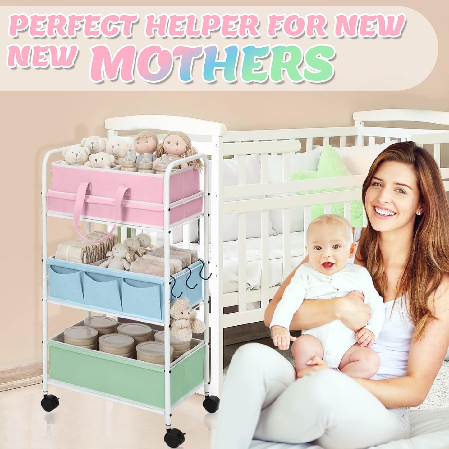 Honeydak 2in1 Baby Diaper Caddy Organizer Cart 3 Tier Large Capacity Metal Utility Bedside Rolling Cart with Divider Newborn Registry Nursery Essential Must Have Crib Bedroom Baby Shower(Green)