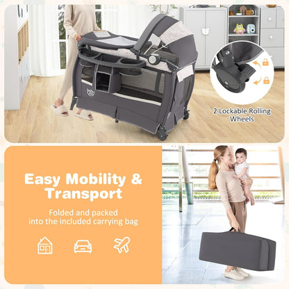 BABY JOY 4 in 1 Pack and Play, Portable Baby Playard with Bassinet & Flip-Away Changing Table, Canopy, Portable Bedside Crib with Storage Basket, Oxford Bag, Infant Bassinet from Newborn to Toddlers