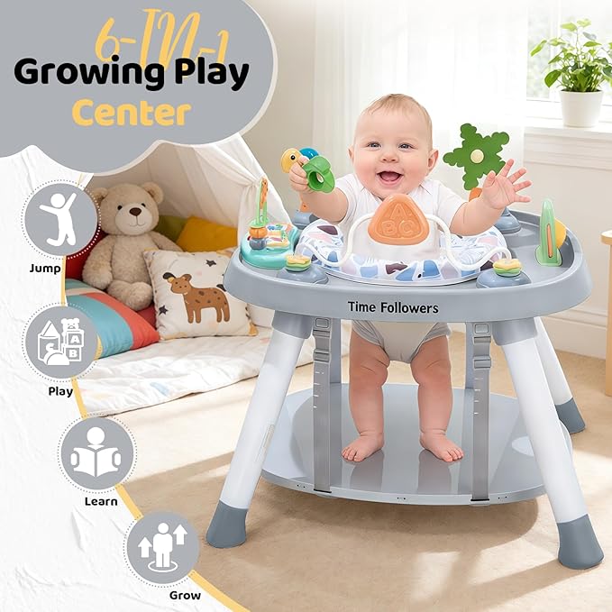 Time Followers® 6-in-1 Baby Activity Center | 4 Stage Montessori-Inspired Toys | Grow Stationary Standing Toddler Table | Jumpers & Bouncers | Must Have for Boy & Girl 6, 12, 24+ Month Old (Grey)