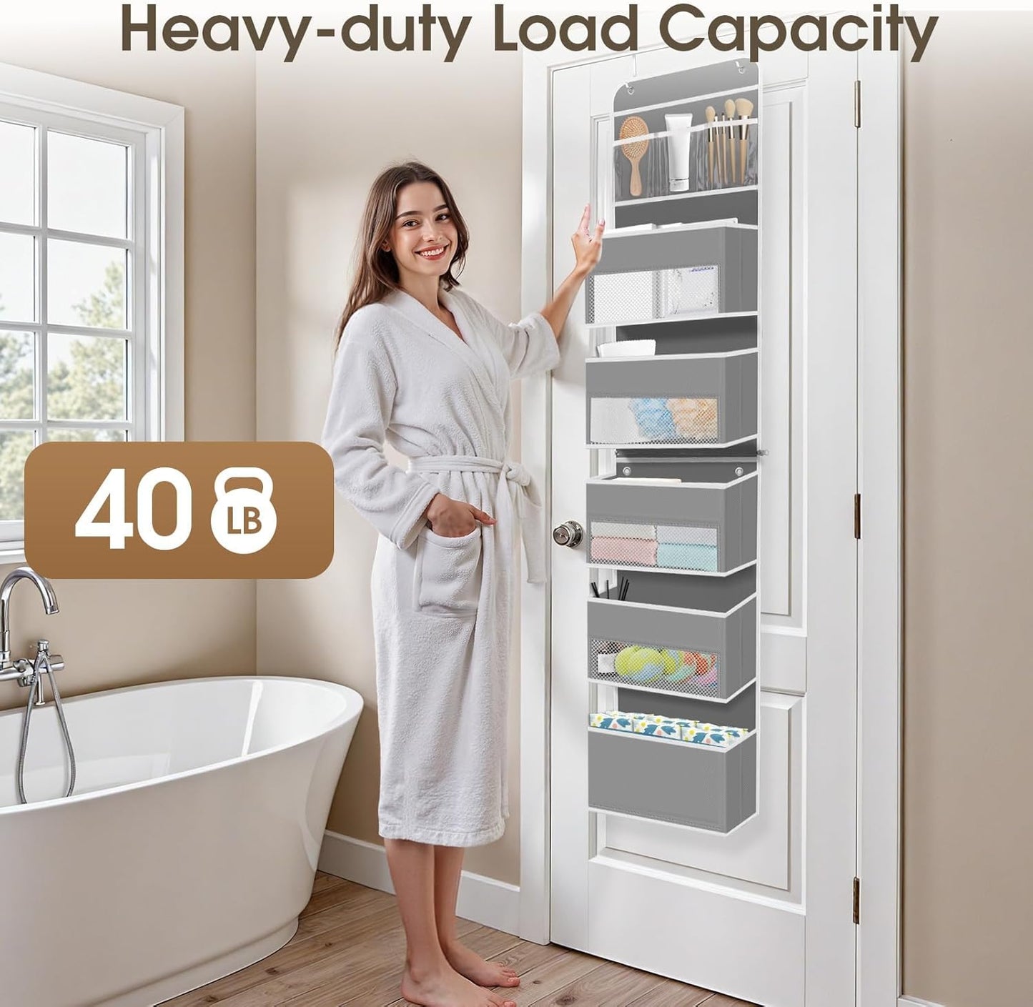 SpaceHacks 1 Pack Over The Door Organizer, Hanging Storage Organizer with Clear Window, 40lb Ultra Sturdy Large Capacity Room Organizer for Pantry Laundry Bathroom Nursery Closet Baby Essential (Grey)