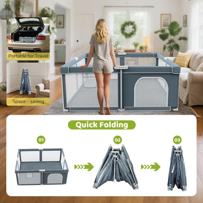 Foldable Baby Playpen - 71"×59" Collapsible Play Pen for Babies and Toddlers - Indoor Outdoor Foldable Play Yard with 4 Handles - Folding Baby Playpen with Bag Portable Travel Play Yard