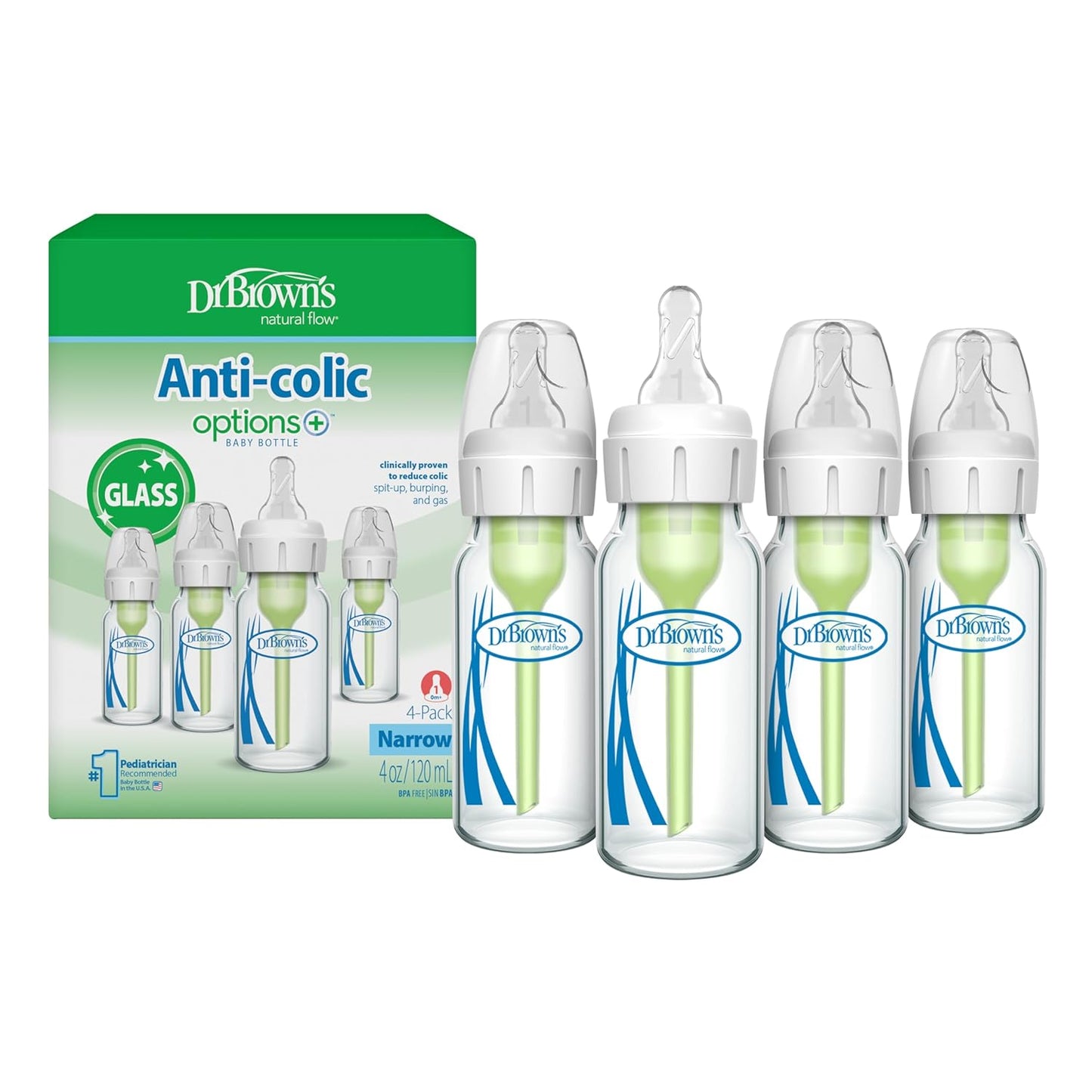 Dr. Brown's Anti-Colic Options+ Narrow Glass Baby Bottle with Level 1 Slow Flow Nipple, BPA-Free, 8 oz/250 mL, 0m+, 4-Pack (Packaging May Vary)