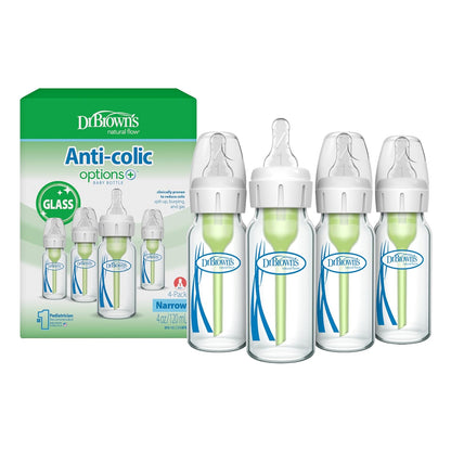 Dr. Brown's Anti-Colic Options+ Narrow Glass Baby Bottle with Level 1 Slow Flow Nipple, BPA-Free, 8 oz/250 mL, 0m+, 4-Pack (Packaging May Vary)