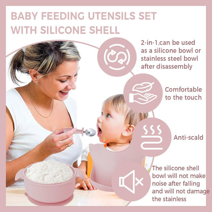 7 Pieces 304 Stainless Steel Baby & Toddler Feeding Set - Suction Divided Plates, Bowls, Silicone & Stainless Spoon Fork,Pocket Bib Unbreakable, Dishwasher Safe Kids Dinnerware Essentials (Blue)