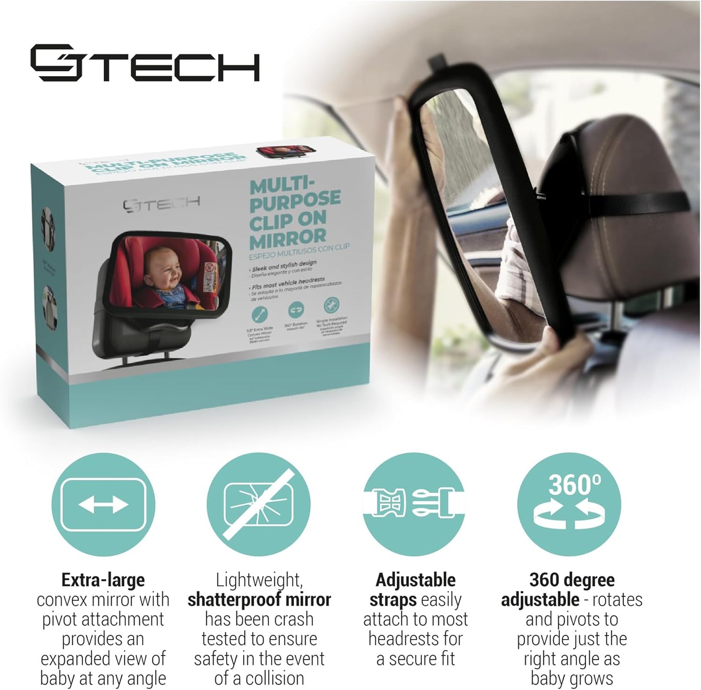 Baby Car Mirror with 360° Rotation - 9.8" Convex Shatterproof Mirror for Baby Safety with Extra Wide & Clear View - car seat mirror for baby rear facing with Adjustable Straps