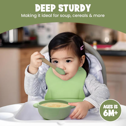 Baby Feeding Essentials, Baby Led Weaning Supplies, Silicone Baby Feeding Set, with Baby Spoon, Fork, Baby Bib, Sippy Cup, Suction Plate, Suction Bowl, Baby Eating Essentials, 6+ Months (Beige)