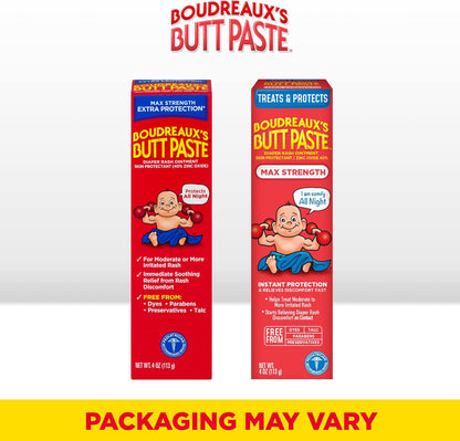 Boudreaux’s Butt Paste Diaper Rash Ointment, Baby Rash Cream Skin Protectant, Fast Relief, Soothing Barrier Cream, Original, Maximum Strength, 2 Ounce Tube (Variety Pack of 2)