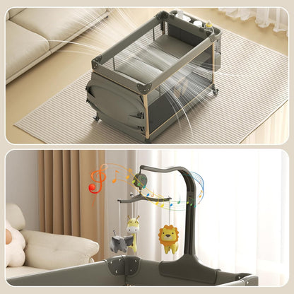 4-in-1 Pack and Play with Bassinet, Bedside Sleeper, Playard, and Changing Table, Folding Travel Crib with Musical Toy Rack & Bag, 4-Level Height Adjust, Newborn to Toddler（Ivy Gray）