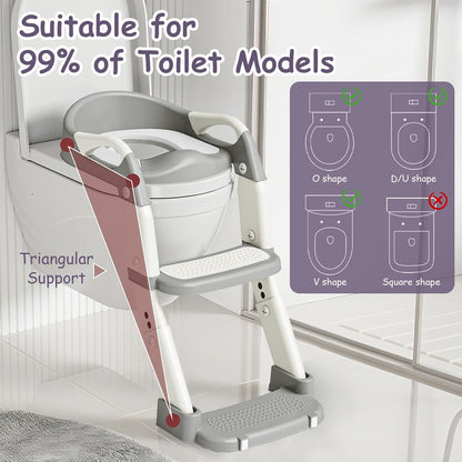 3-in-1 Potty Training Seat with Ladder Toddler Toilet Ladder Kid’s Toilet Chair for Little Boys Girls, with Urinals, Toddler Anti-Slip Step Stool Ladder and Splash Guard - Grey