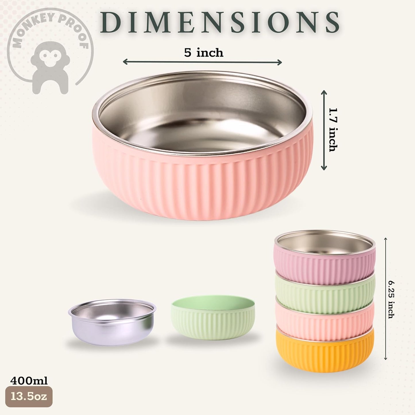 Monkey Proof™ Non-Toxic Stainless Steel Child Bowl 5” with Non-Slip Grooved Silicone Shell, (Set of 4 bowls) Unbreakable, Mess Free Feeding for Babies, Toddlers, Kids, BPA free (Stormy Sky Grooved)