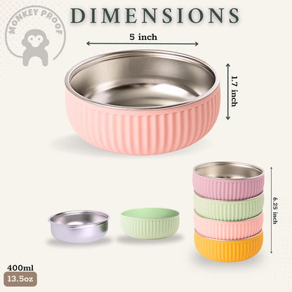 Monkey Proof™ Non-Toxic Stainless Steel Child Bowl 5” with Non-Slip Grooved Silicone Shell, (Set of 4 bowls) Unbreakable, Mess Free Feeding for Babies, Toddlers, Kids, BPA free (Stormy Sky Grooved)