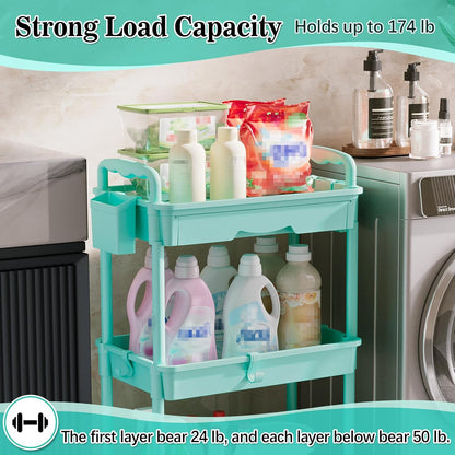SUNALLY 3 Tier Rolling Cart with Drawer, Bathroom Storage Organizer with 2 Lockable Wheels, Multifunctional Rolling Storage Cart for Bathroom, Kitchen, Office, Craft, Makeup, Baby Essentials, White